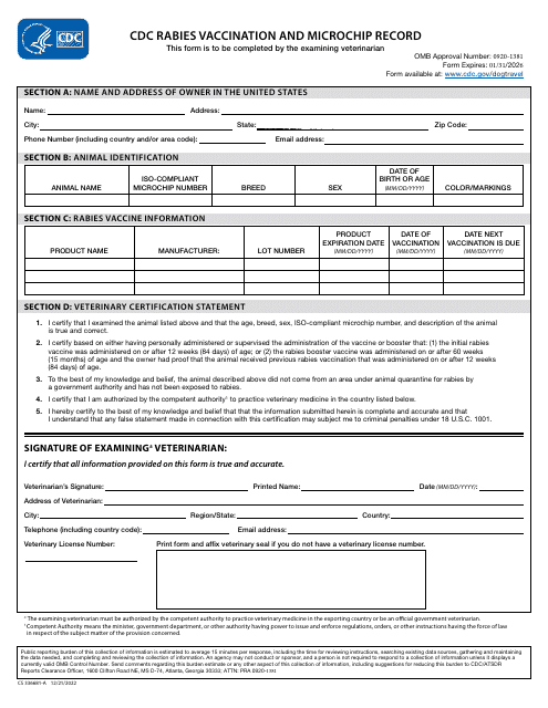 Form CS336681-A CDC Rabies Vaccination and Microchip Record