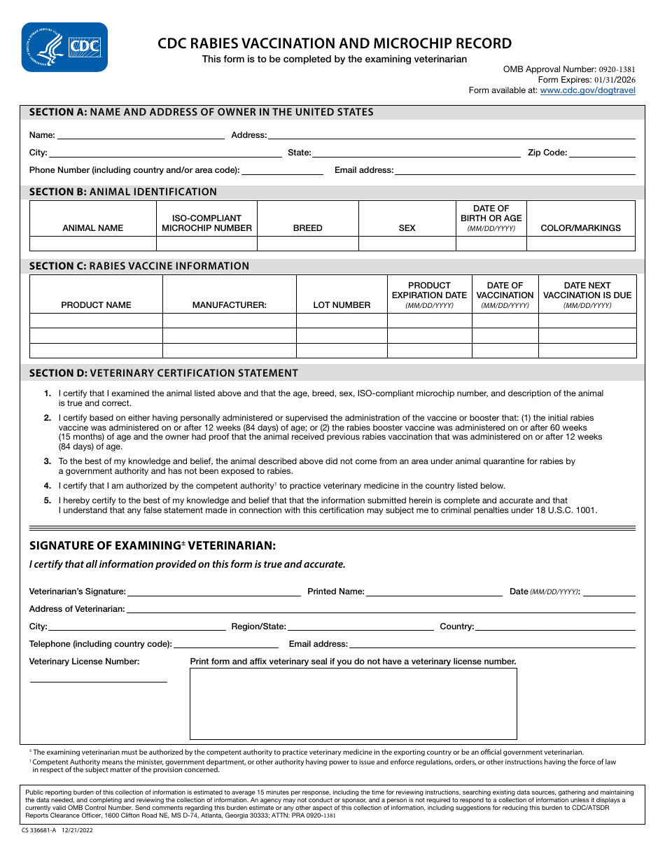 Form CS336681-A CDC Rabies Vaccination and Microchip Record, Page 1
