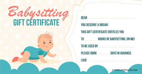 Document preview: Babysitting Gift Certificate Template - Baby