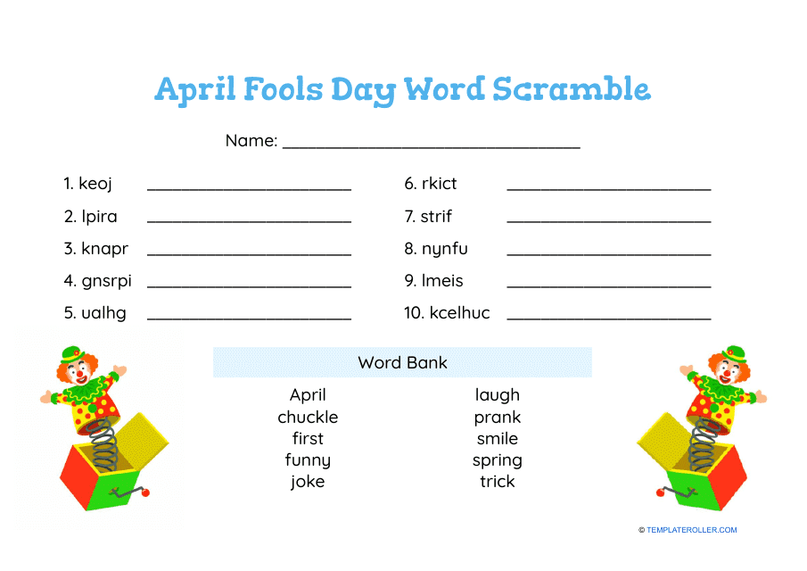 April Fools Day Word Scramble featuring Clowns