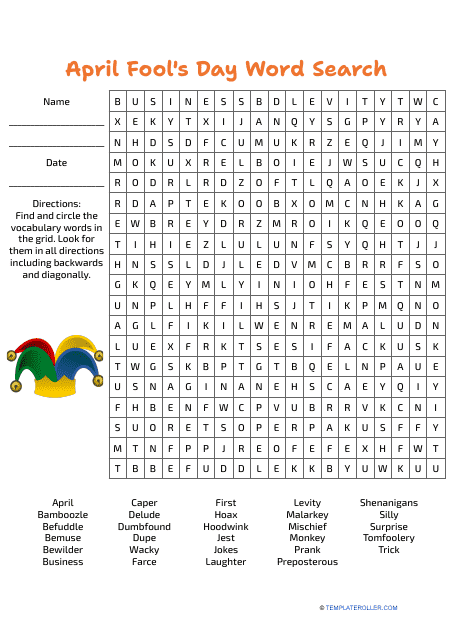 April Fool's Day Word Search With Answers - Printable Document Preview
