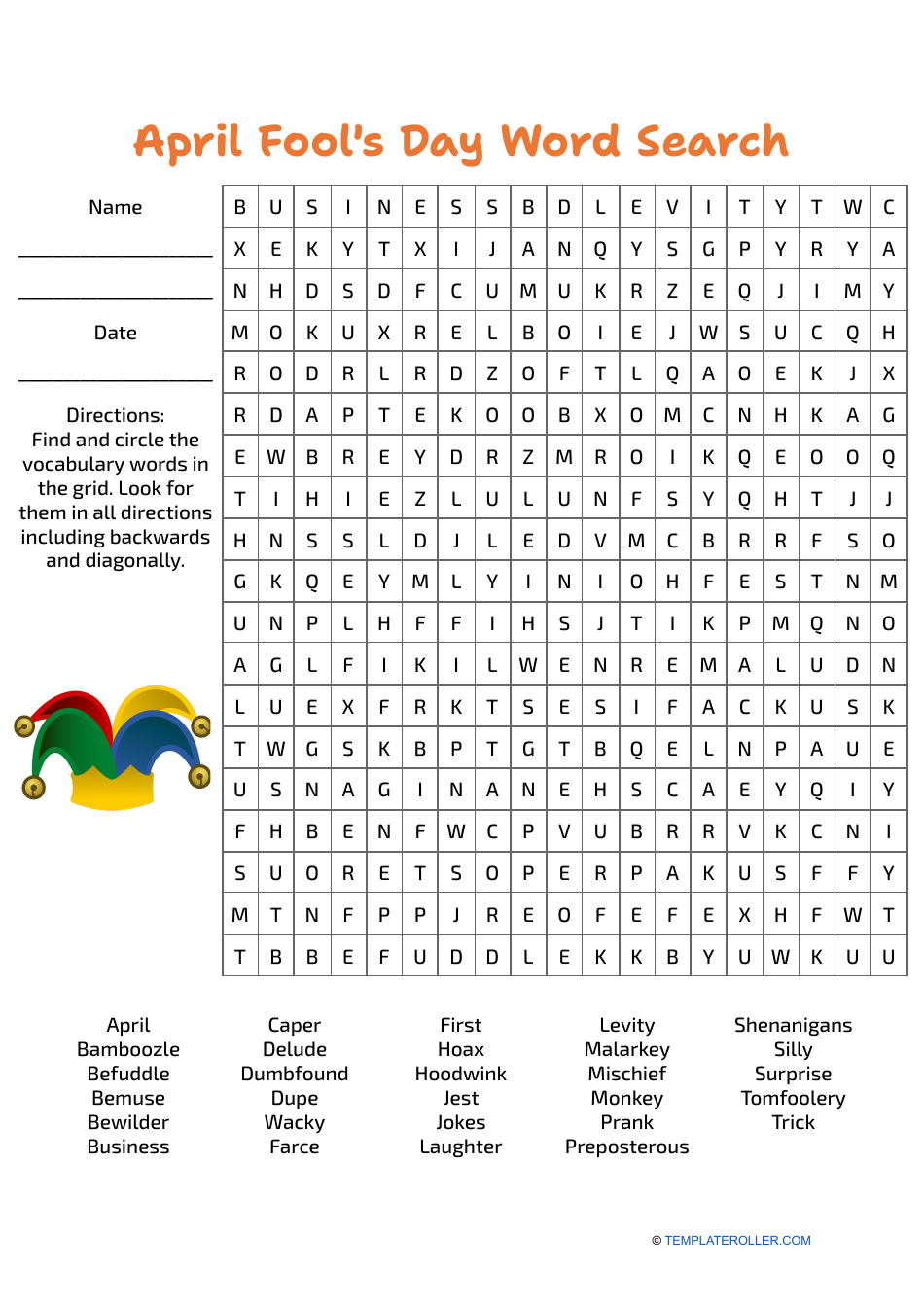 April Fool's Day Word Search With Answers - Printable Document Preview