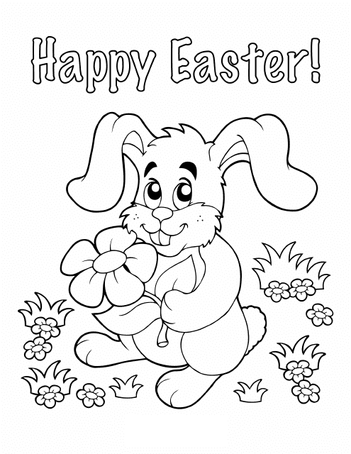 Easter Coloring Page - Rabbit With Flower