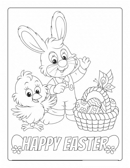 Easter Coloring Page featuring a charming Rabbit and Bird