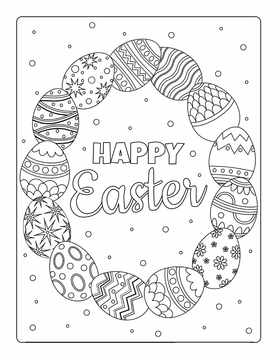 Cute Easter coloring page with a variety of different colored eggs