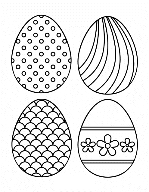 Yellow egg, green egg, blue egg, and purple egg on an Easter themed template.