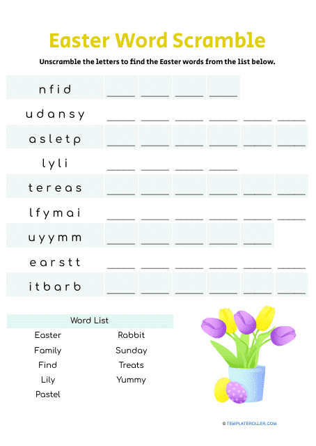 Easter Word Scramble with yellow background