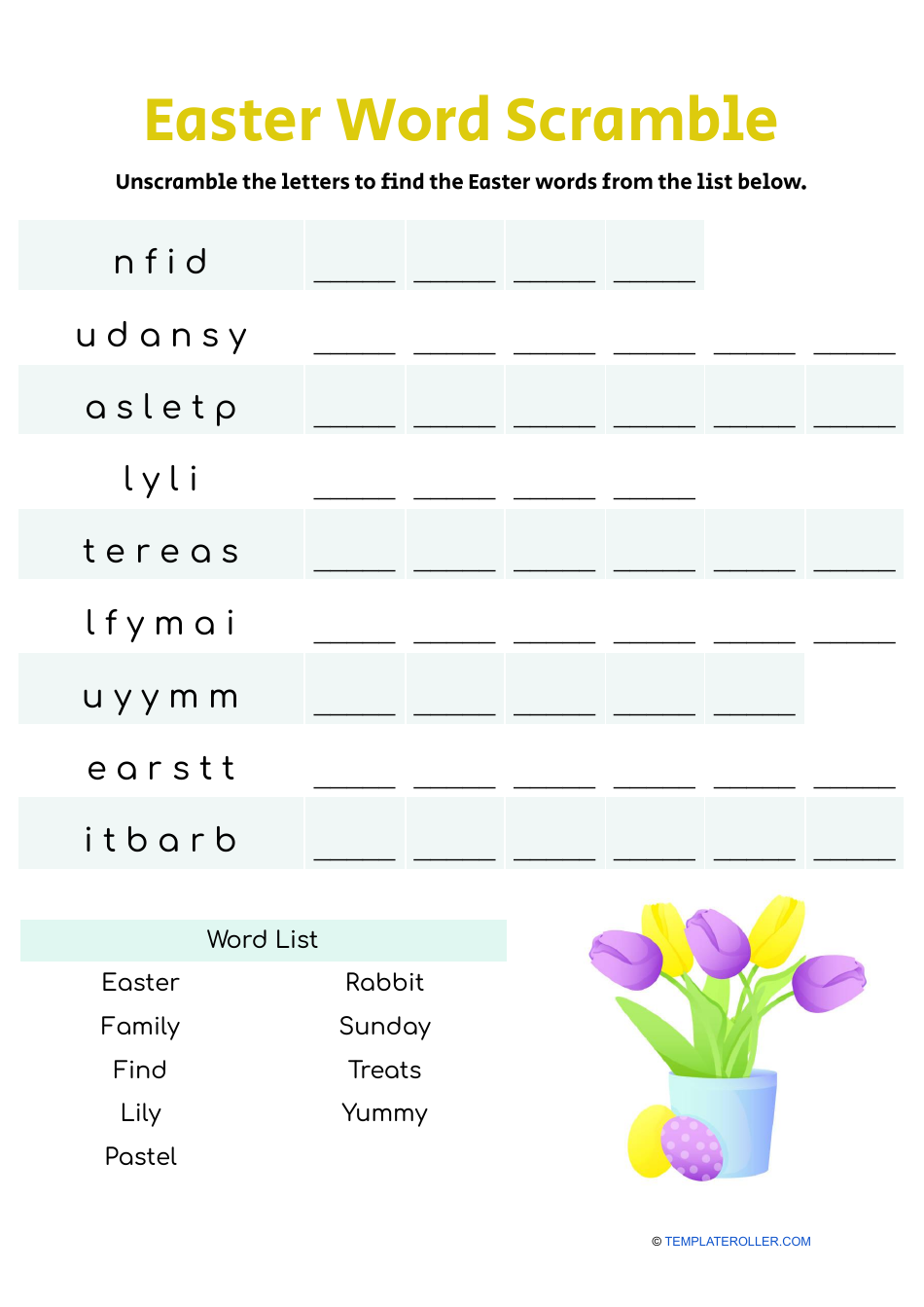 Easter Word Scramble with yellow background