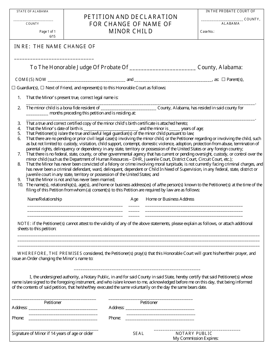 Petition and Declaration for Change of Name of Minor Child - Alabama, Page 1