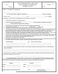 Document preview: Petition and Declaration for Change of Name of Minor Child - Alabama