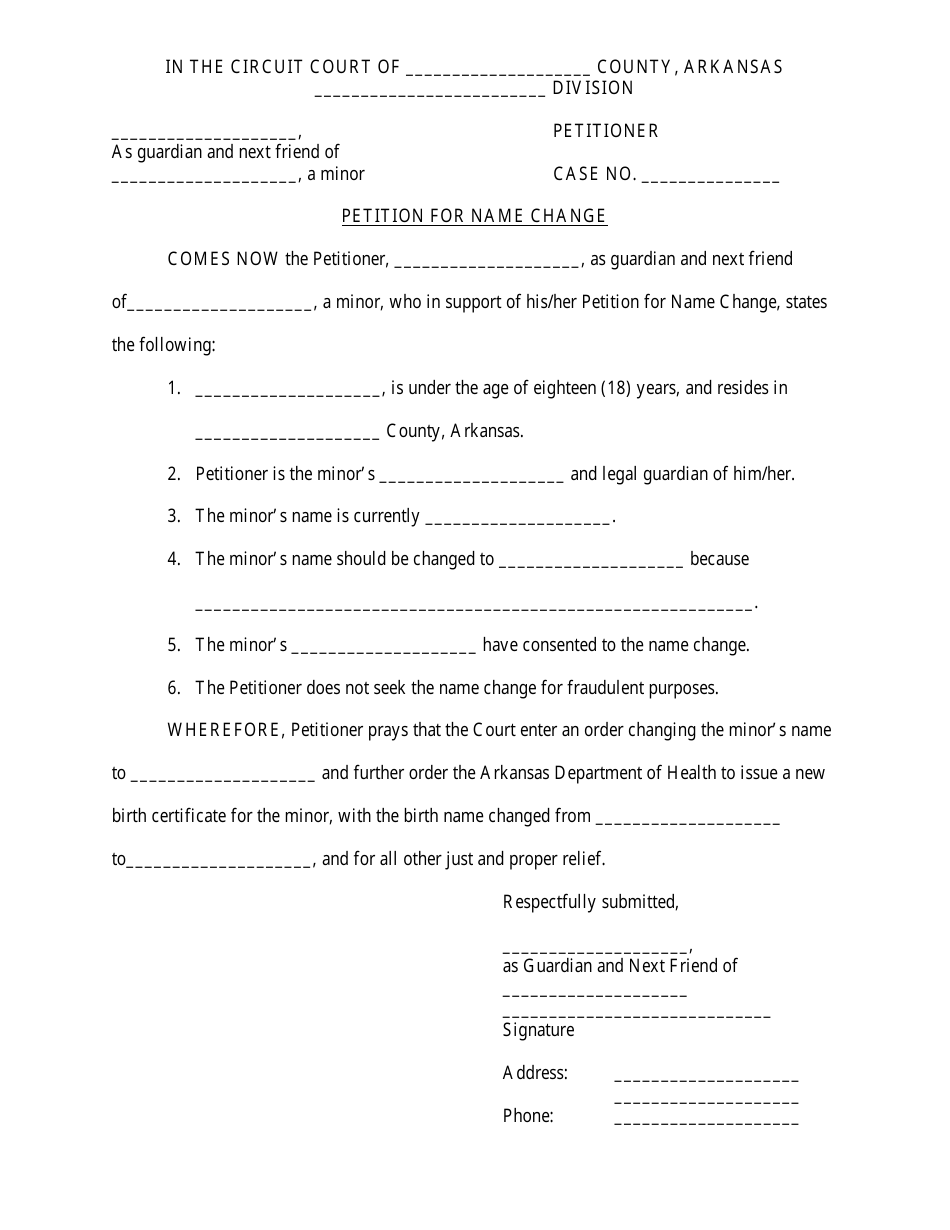 Petition for Name Change of Minor - Arkansas, Page 1