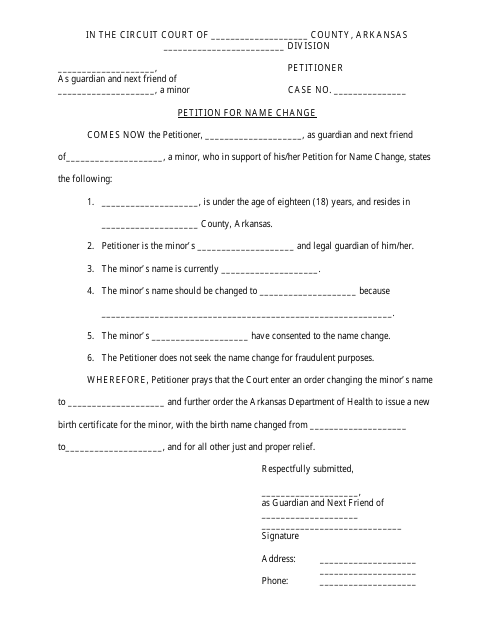 Petition for Name Change of Minor - Arkansas Download Pdf