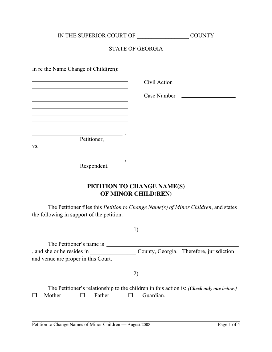 Petition to Change Name(S) of Minor Child(Ren) - Georgia (United States), Page 1