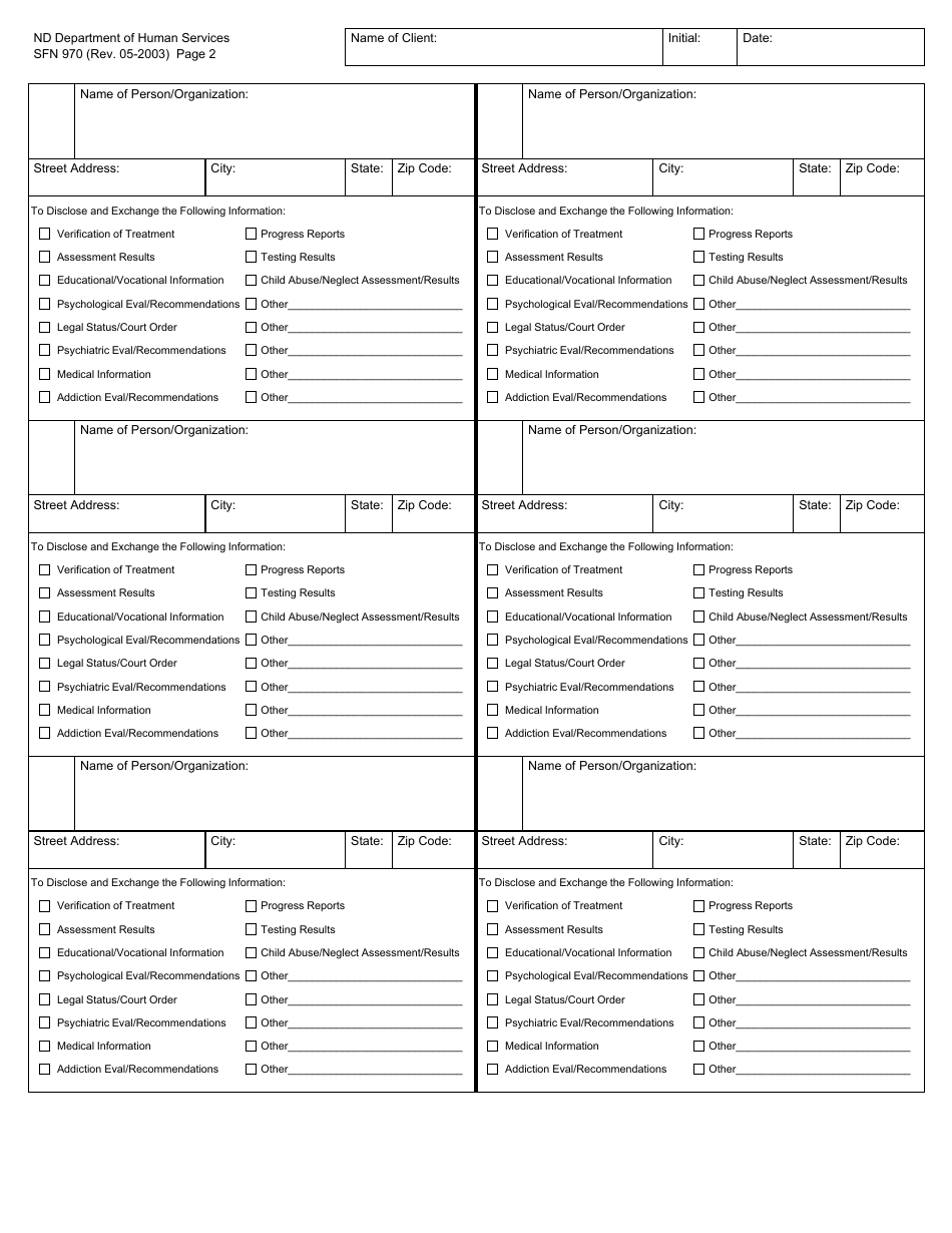 Form SFN970 Multi-Agency Authorization to Disclose Information - North Dakota, Page 2