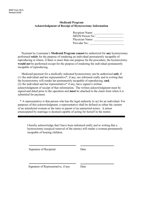 BHSF Form 96-A  Printable Pdf