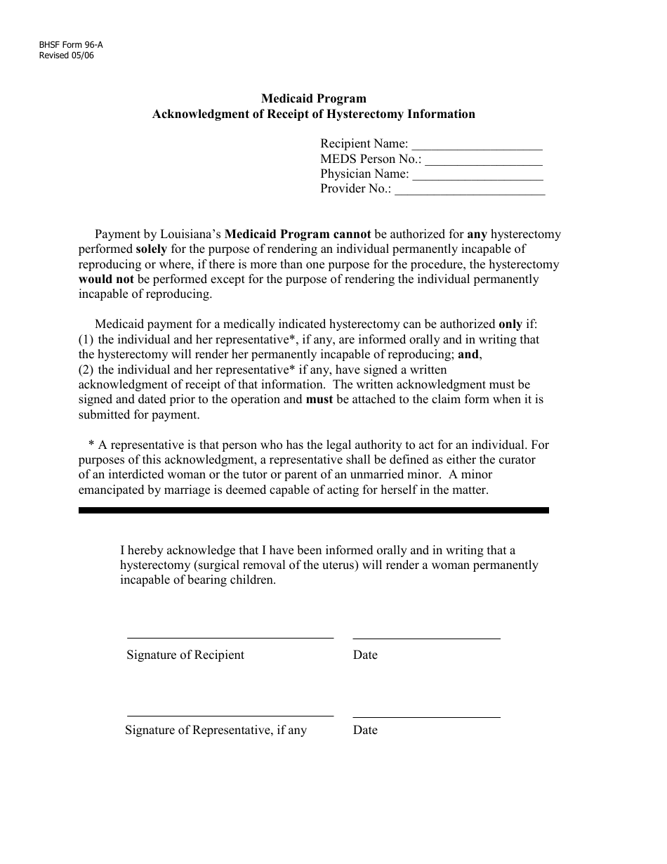 BHSF Form 96-A Acknowledgment of Receipt of Hysterectomy Information - Medicaid Program - Louisiana, Page 1