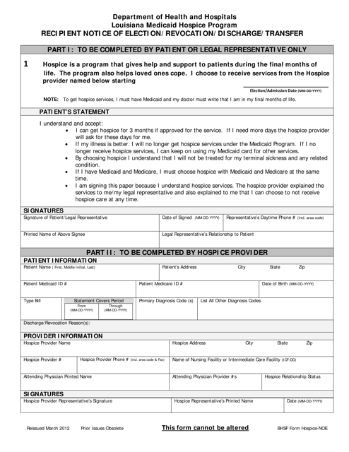 Recipient Notice of Election / Revocation / Discharge / Transfer - Louisiana Medicaid Hospice Program - Louisiana Download Pdf