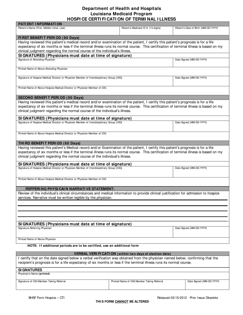 Hospice Certification of Terminal Illness - Louisiana Medicaid Program - Louisiana, Page 1