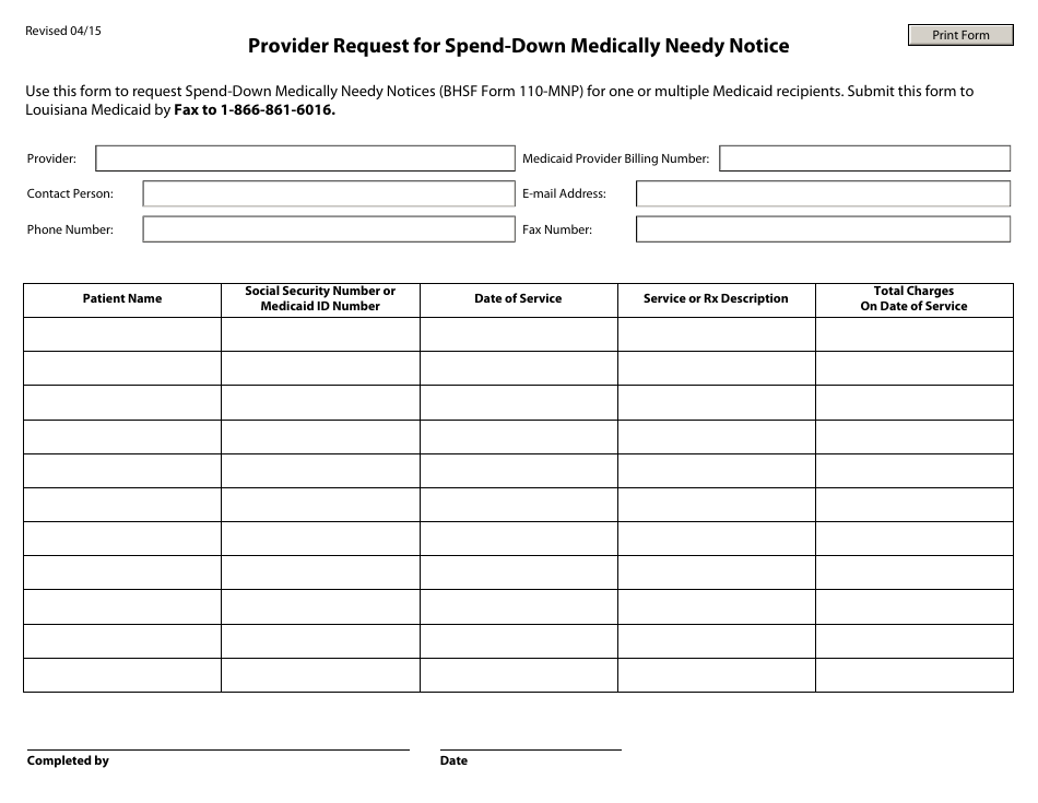 Provider Request for Spend-Down Medically Needy Notice - Louisiana, Page 1