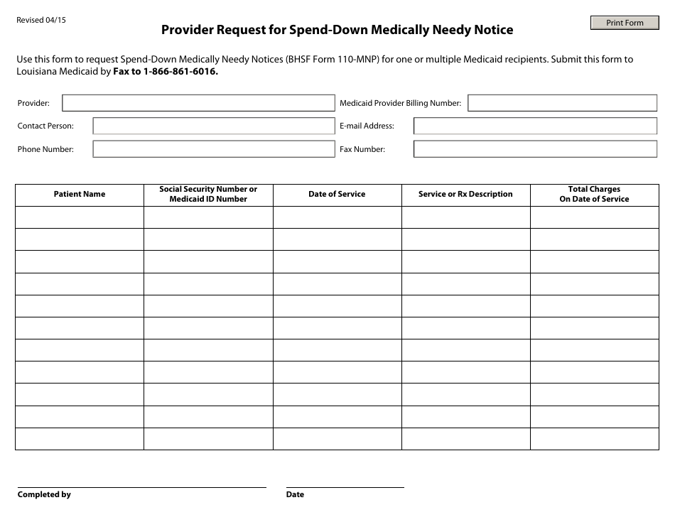 Louisiana Provider Request for Spend-Down Medically Needy Notice - Fill ...