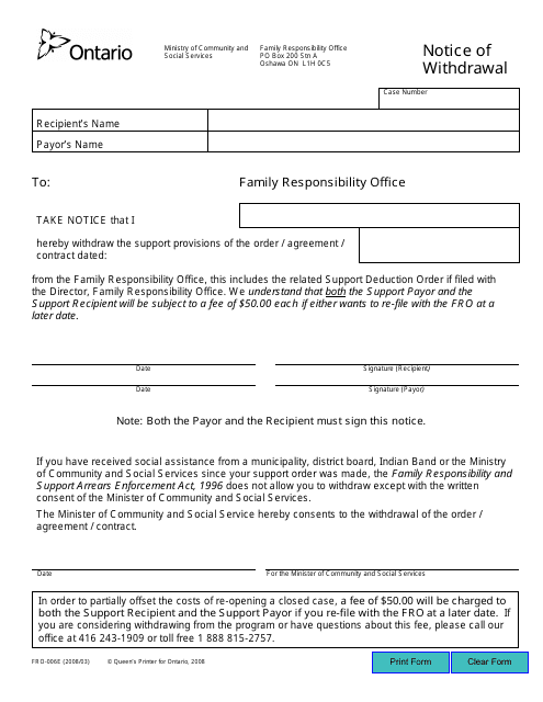 Form FRO-006E Notice of Withdrawal - Ontario, Canada