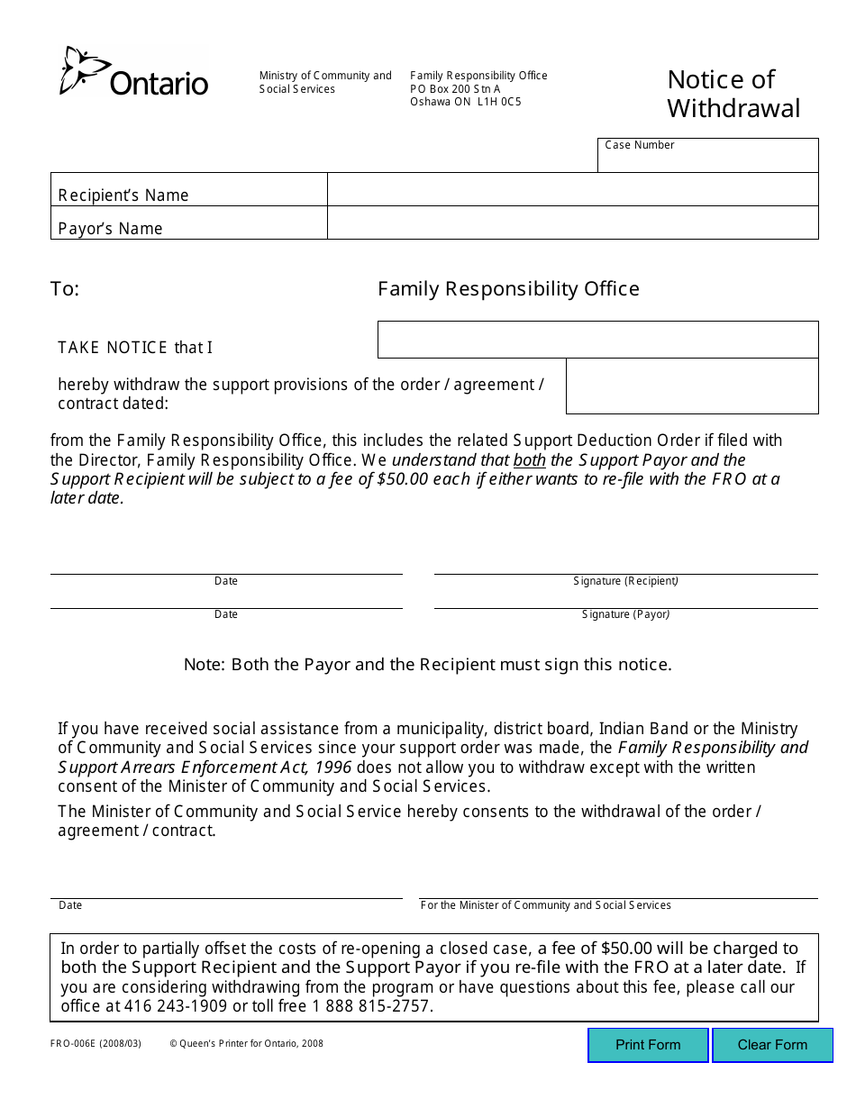 Form FRO-006E Notice of Withdrawal - Ontario, Canada, Page 1