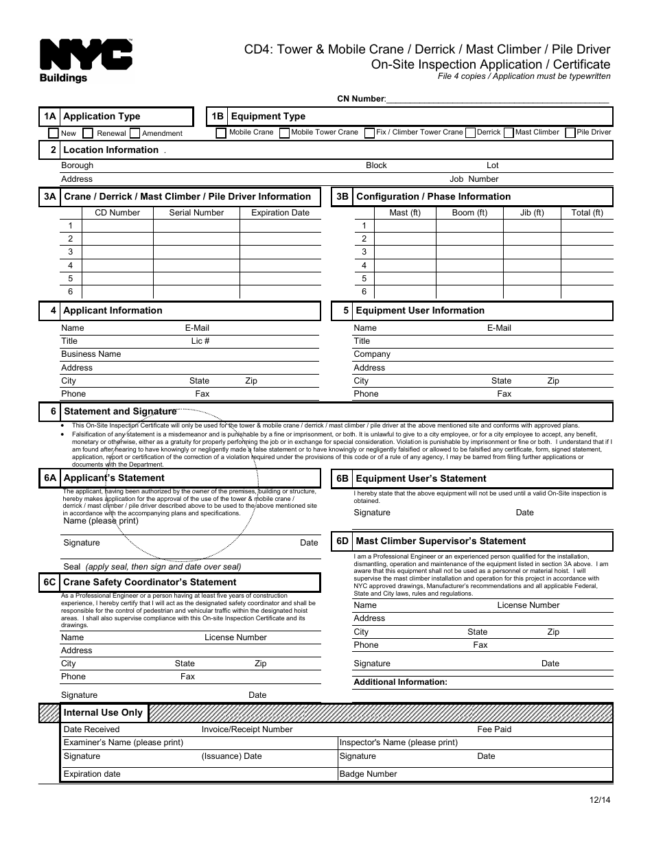 Form CD4 Tower  Mobile Crane / Derrick / Mast Climber / Pile Driver on-Site Inspection Application / Certificate - New York City, Page 1