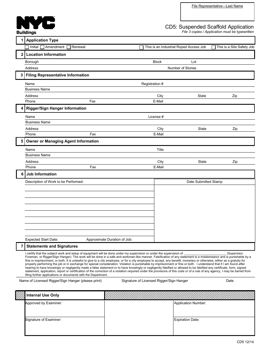 Form CD5 Suspended Scaffold Application - New York City, Page 1