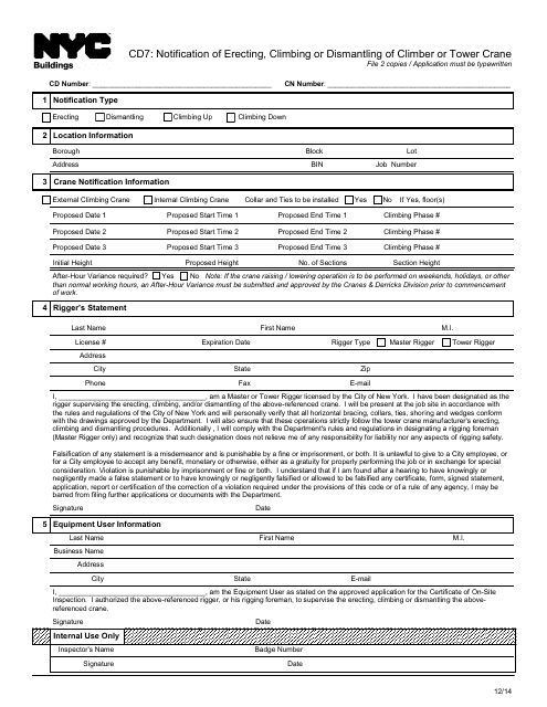 Form CD7 Notification of Erecting, Climbing or Dismantling of Climber or Tower Crane - New York City