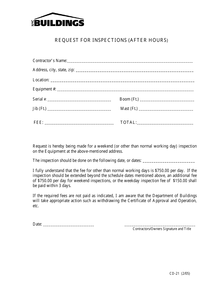 Form CD-21 Request for Inspections (After Hours) - New York City, Page 1