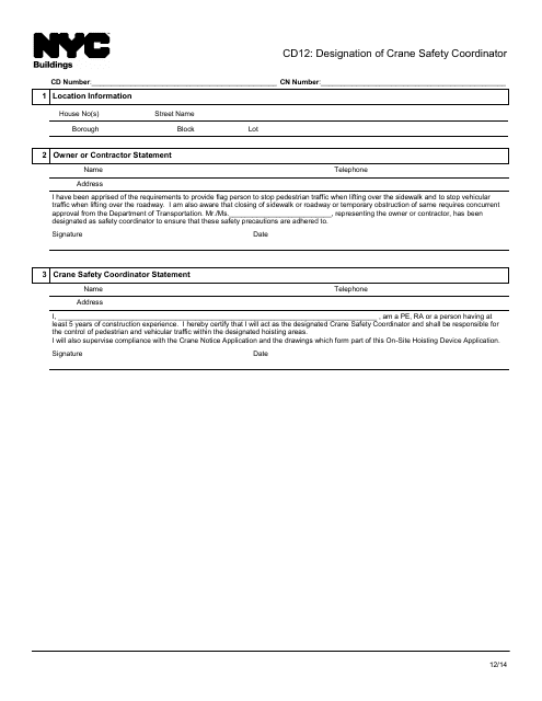 Form CD12 Designation of Crane Safety Coordinator - New York City