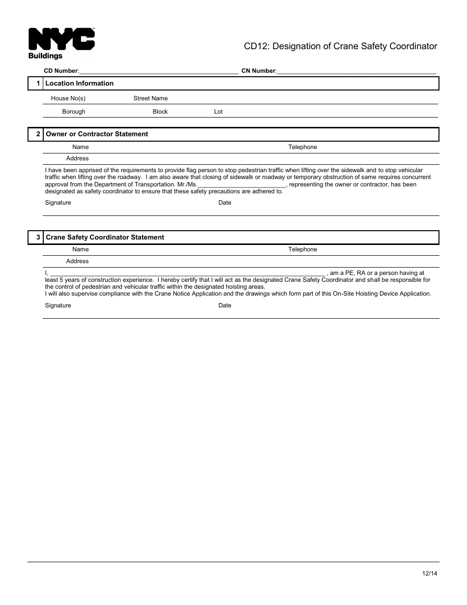 Form CD12 Designation of Crane Safety Coordinator - New York City, Page 1