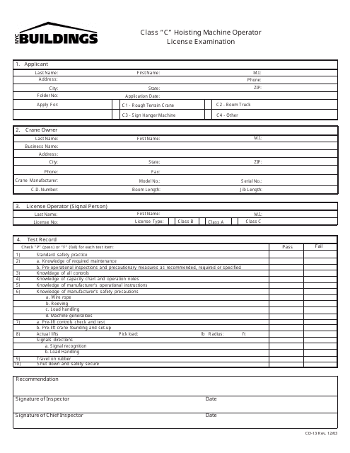 Form CD13 Class 'c' Hoisting Machine Operator License Examination - New York City