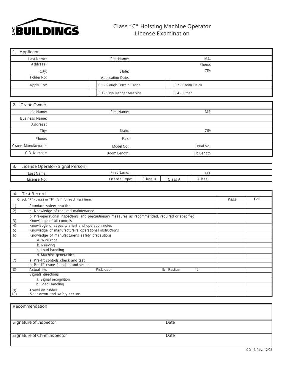 Form CD13 Class c Hoisting Machine Operator License Examination - New York City, Page 1