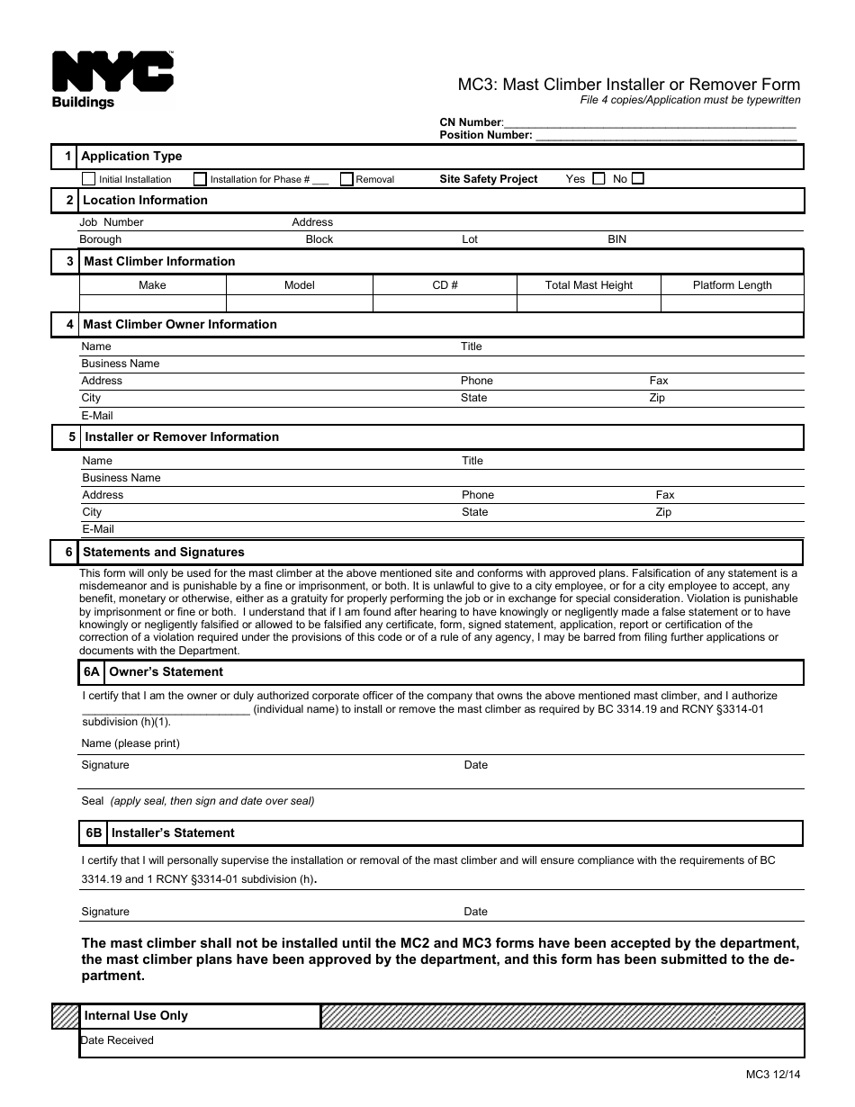 Form MC3 Mast Climber Installer or Remover Form - New York City, Page 1