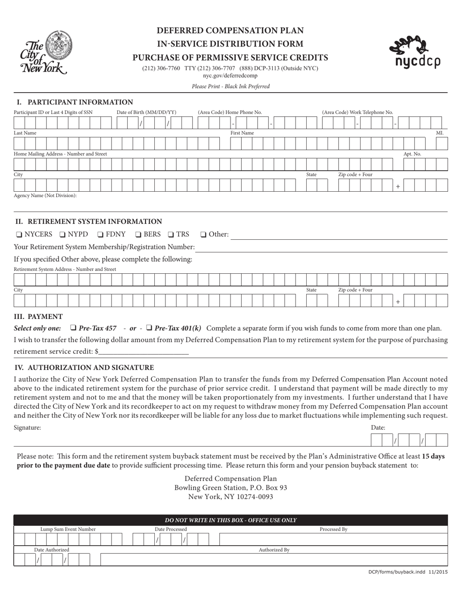 Deferred Compensation Plan In-Service Distribution Form - Purchase of Permissive Service Credits - New York City, Page 1