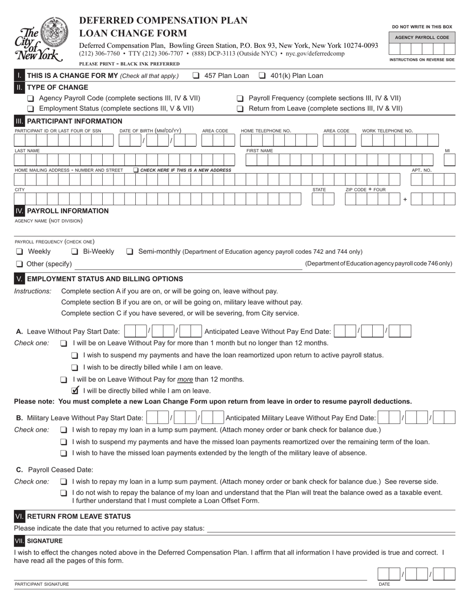 Deferred Compensation Plan Loan Change Form - New York City, Page 1