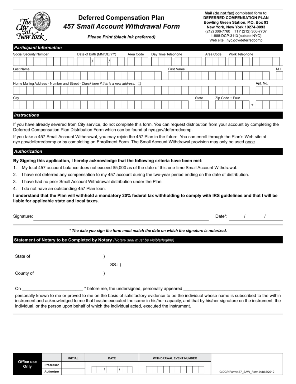 Deferred Compensation Plan 457 Small Account Withdrawal Form - New York City, Page 1