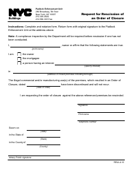 Document preview: Form PE5A Request for Rescission of an Order of Closure - New York City