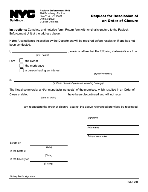 Form PE5A Request for Rescission of an Order of Closure - New York City