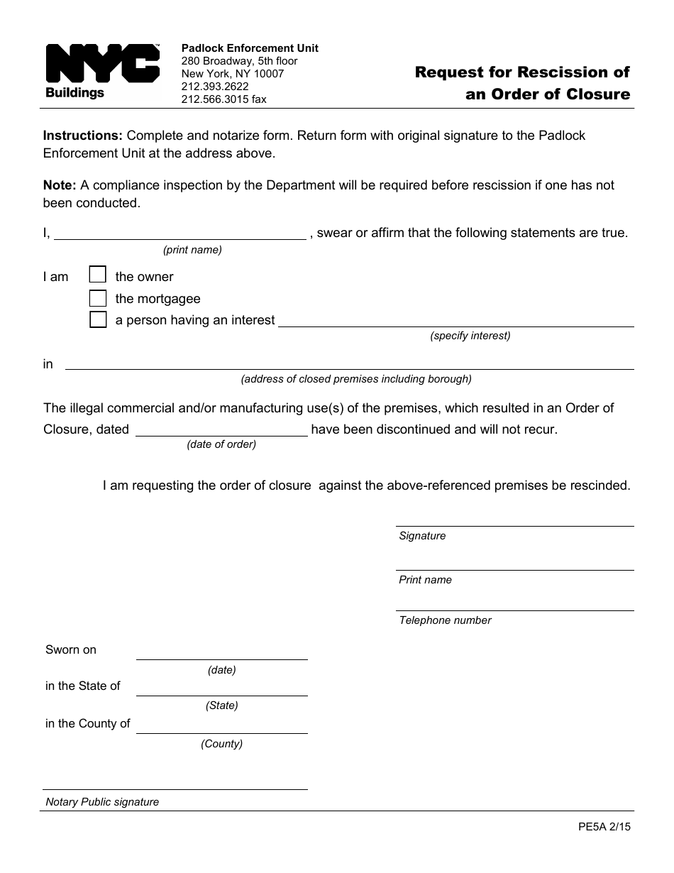 Form PE5A Request for Rescission of an Order of Closure - New York City, Page 1