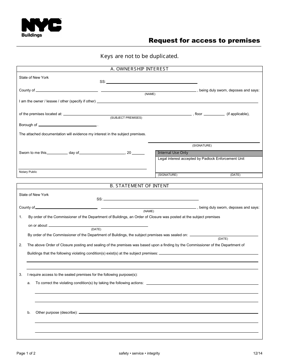 Form PE7 Request for Access to Premises - New York City, Page 1