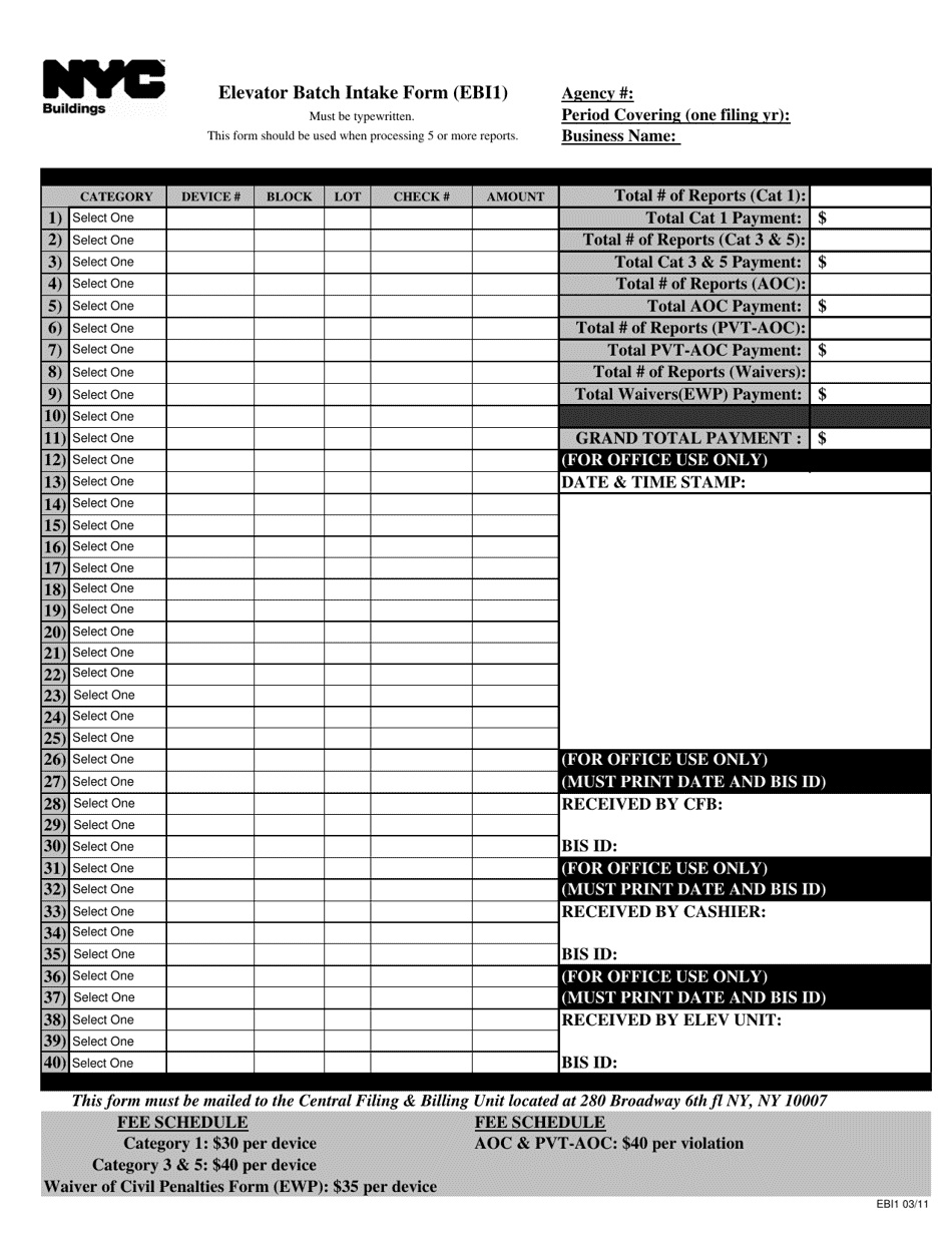 Form EBI1 Elevator Batch Intake Form - New York City, Page 1