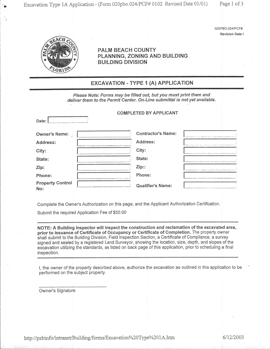 Form PCF0102 Excavation Type 1a Application - Palm Beach County, Florida, Page 1