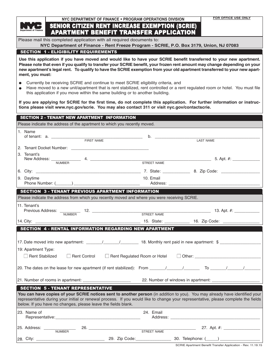 Senior Citizen Rent Increase Exemption (Scrie) Apartment Benefit Transfer Application - New York City, Page 1