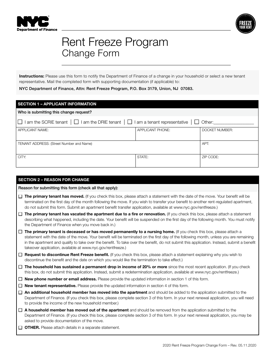 Rent Freeze Program Change Form - New York City, Page 1