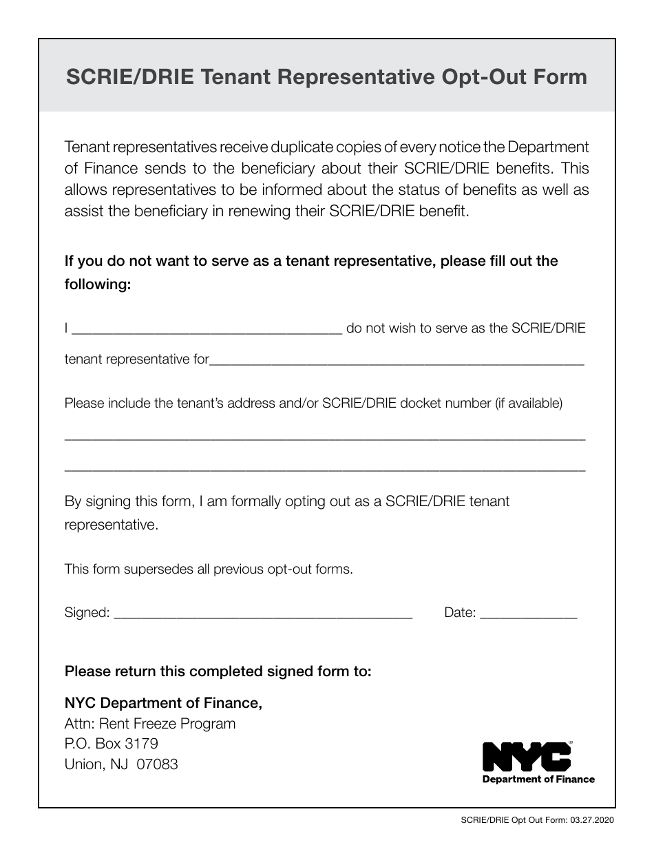Scrie / Drie Tenant Representative Opt-Out Form - New York City, Page 1