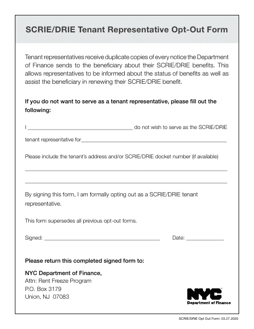 Scrie/Drie Tenant Representative Opt-Out Form - New York City