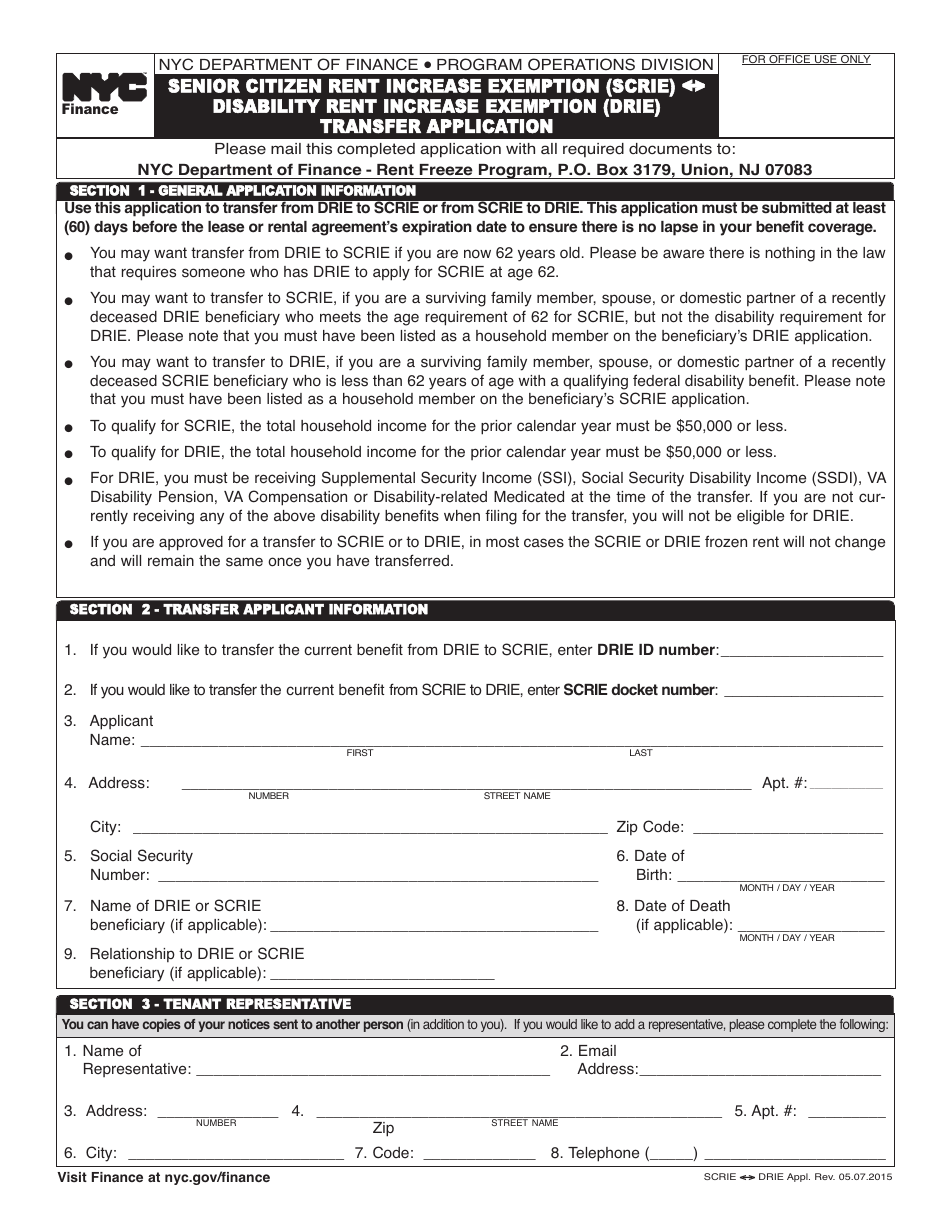 Senior Citizen Rent Increase Exemption (Scrie) / Disability Rent Increase Exemption (Drie) Transfer Application - New York City, Page 1