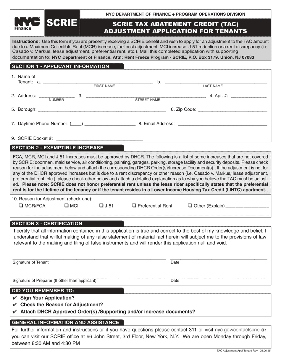 Scrie Tax Abatement Credit (Tac) Adjustment Application for Tenants - New York City, Page 1